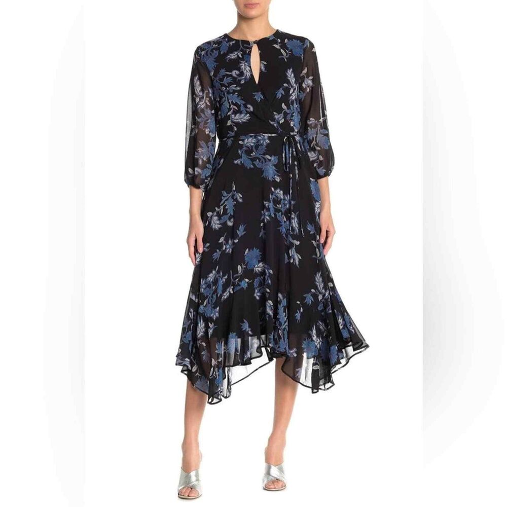 MAISON TARA Chiffon Fit & Flare Floral Midi Dress Zig Zag Hem Lined Sz 8